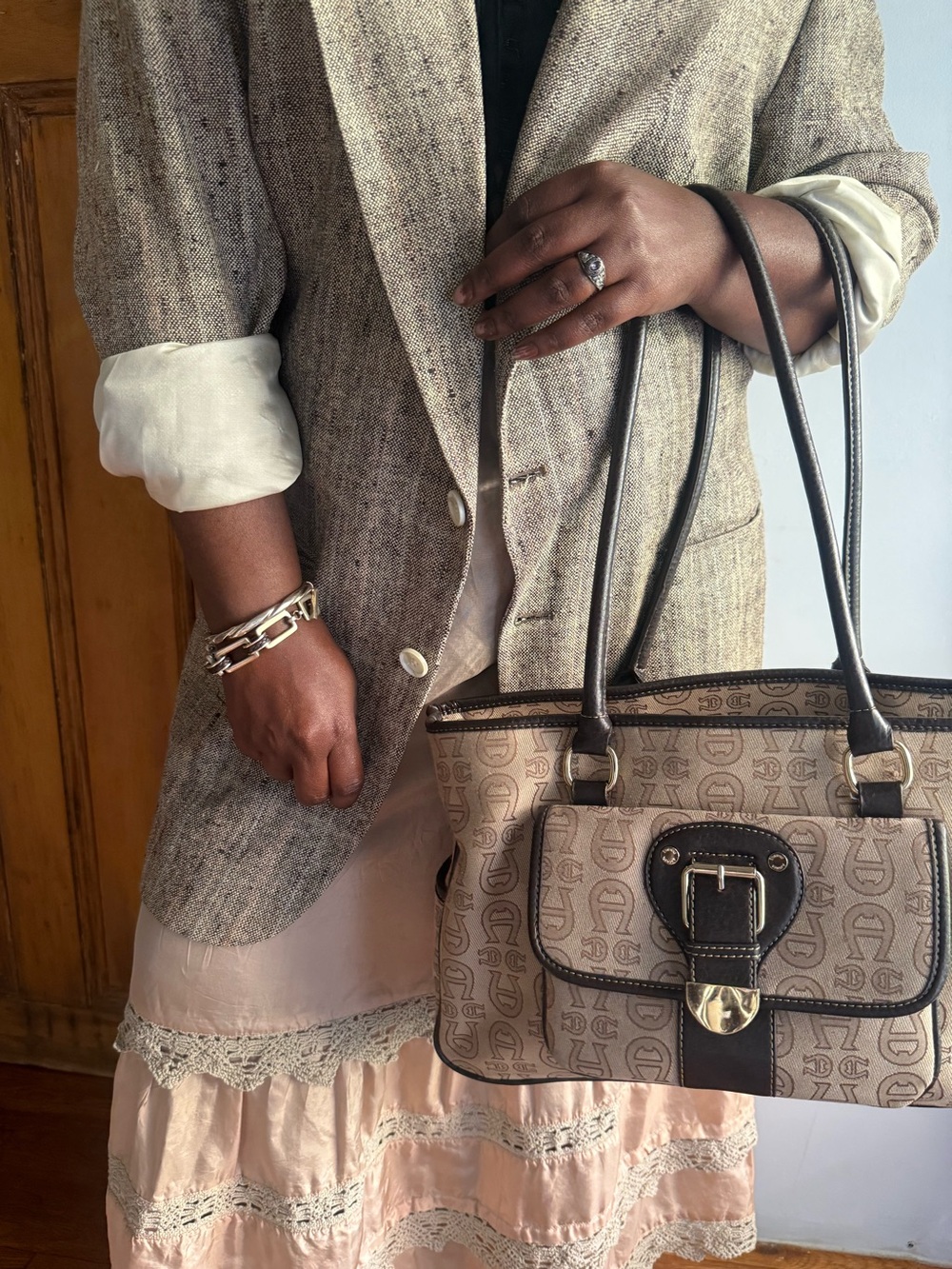 Etienne Aigner Monogram Canvas Tote Bag Brown Logo Print Leather Shoulder Bag